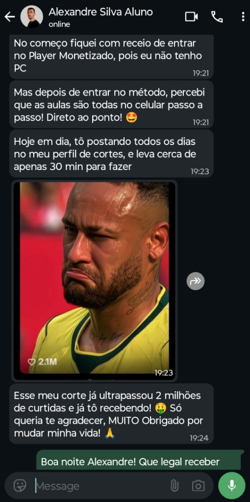 Print de WhatsApp de Alexandre Silva mostrando corte com 2,1 milhões de curtidas