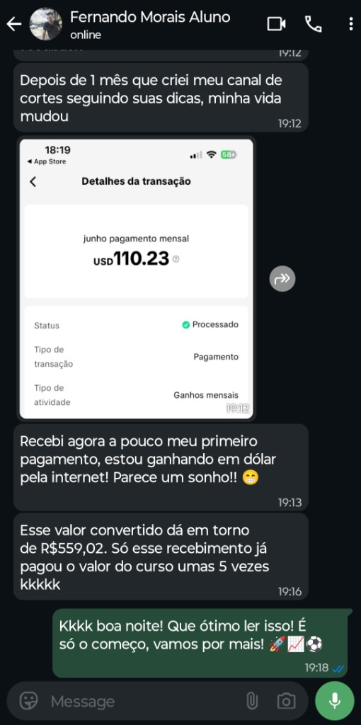 Print de WhatsApp de Fernando Morais mostrando pagamento de USD 110,23