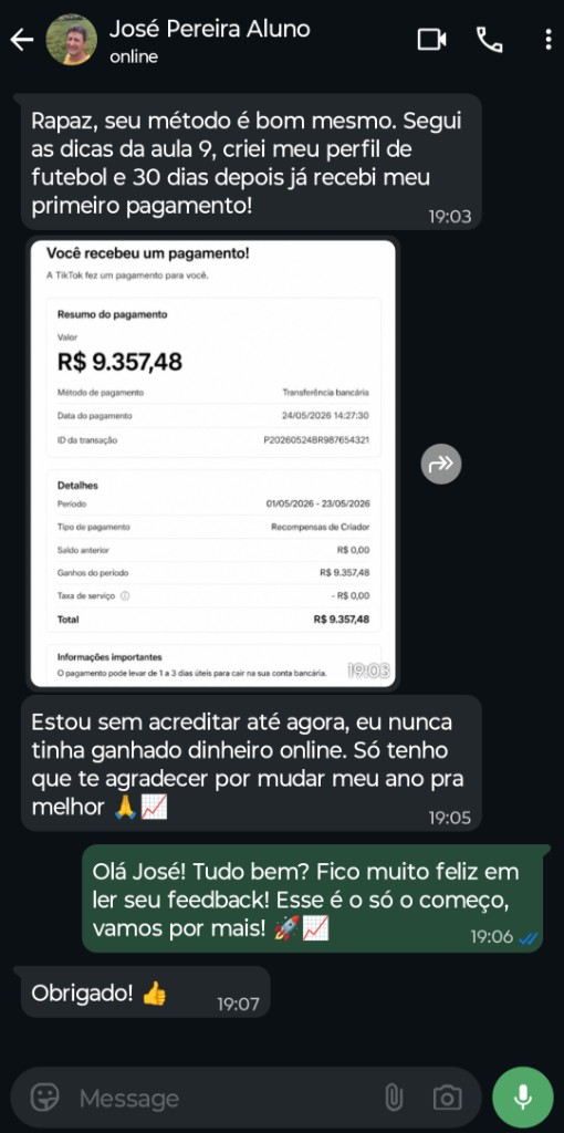 Print de WhatsApp de José Pereira mostrando pagamento de R$ 9.357,48 da TikTok